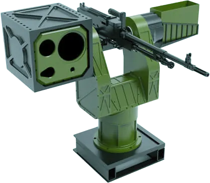 Remote control weapon station with a mounted machine gun and sighting system.