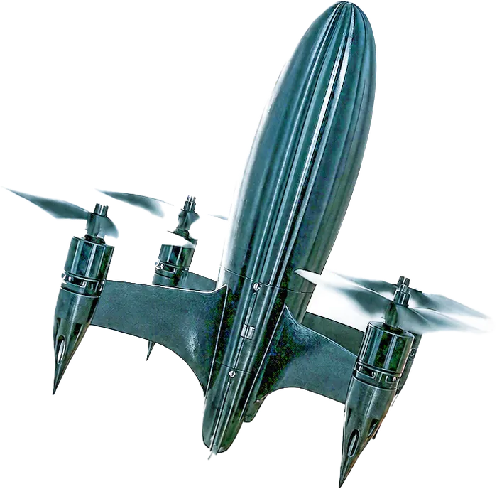 Zen Hyper-Strike Falcon interceptor, four-motor airframe with a vertically mounted fuselage, shown against a dark field.