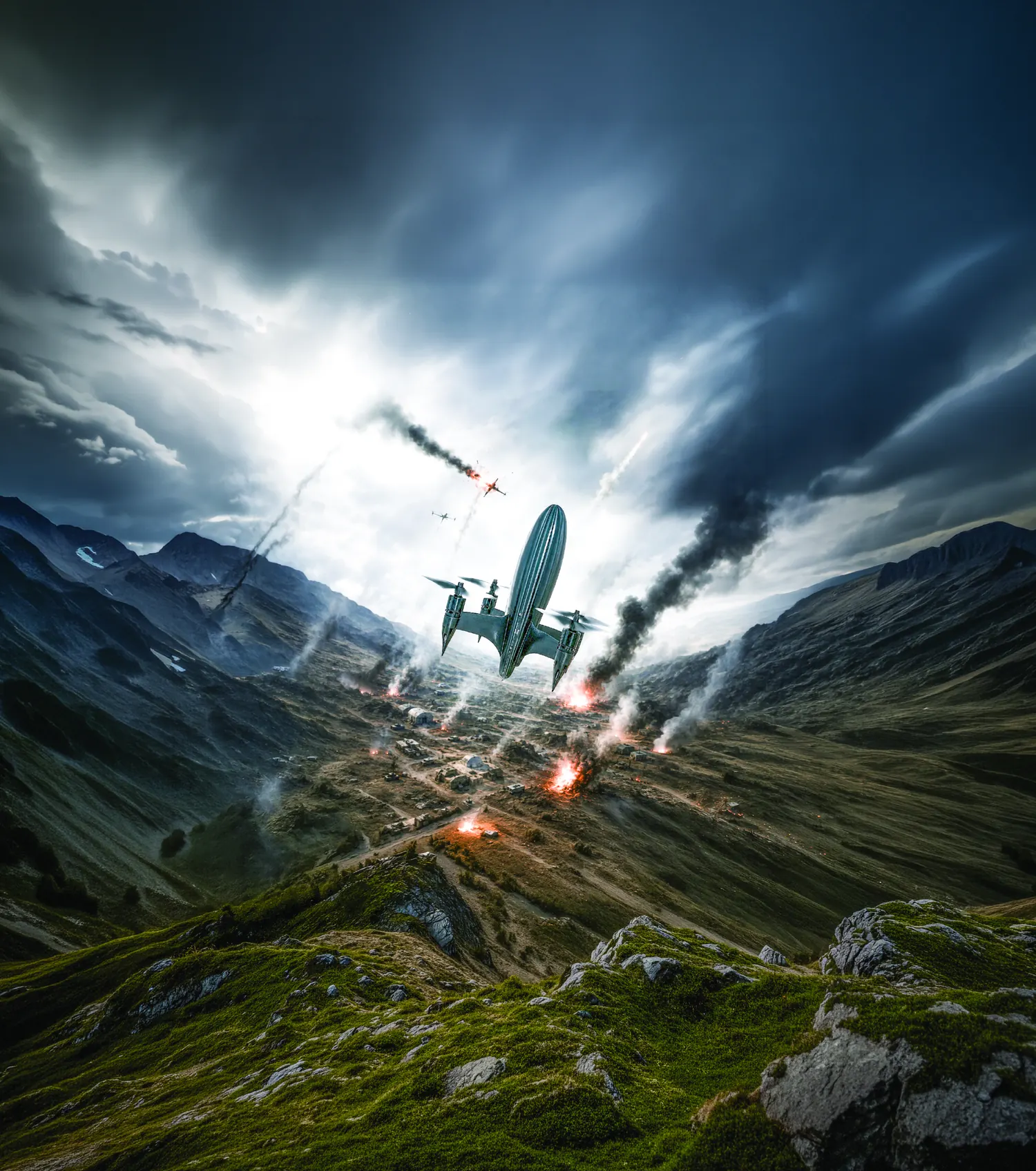 Zen Hyper-Strike Falcon climbing out of a mountain valley under storm cloud, with intercepted aerial targets falling in flames around it.
