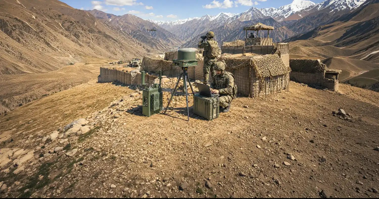 A Zen man-portable anti-drone system deployed at a mountain outpost, with its radar, jammer and an operator at a field laptop.