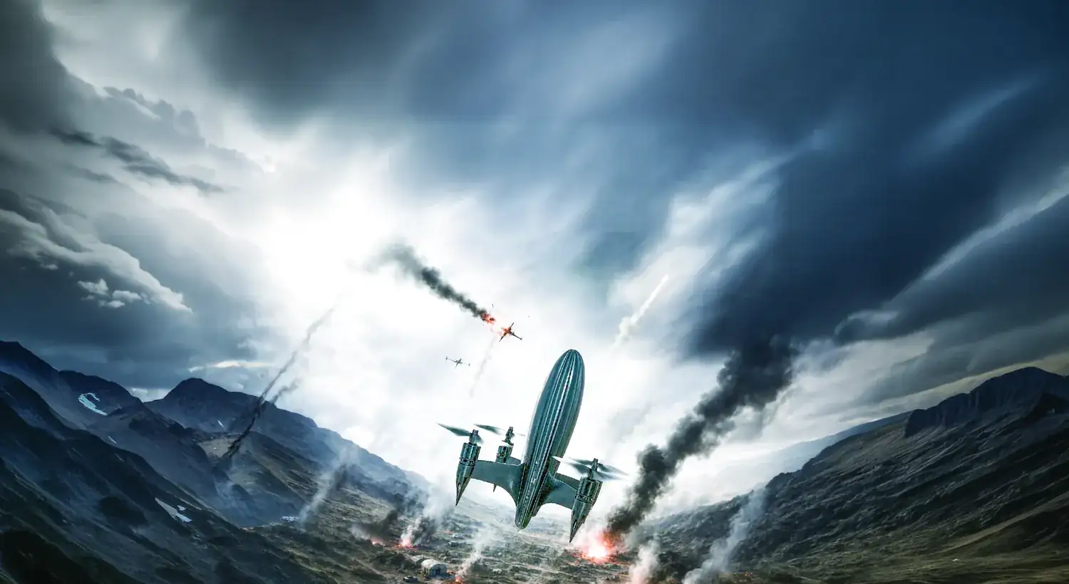 A Zen Hyper-Strike Falcon interceptor climbing through a storm sky, with drones breaking up along their smoke trails above it.