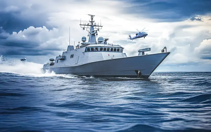 A naval patrol vessel under way at sea, with a helicopter overhead.