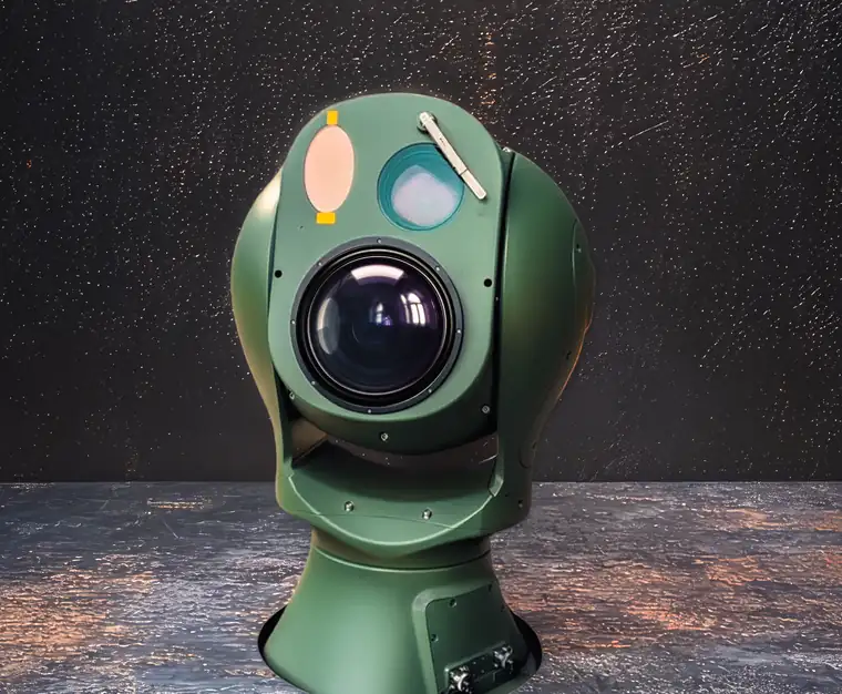 A Zen Hawkeye electro-optical sensor turret, its main lens facing the camera.