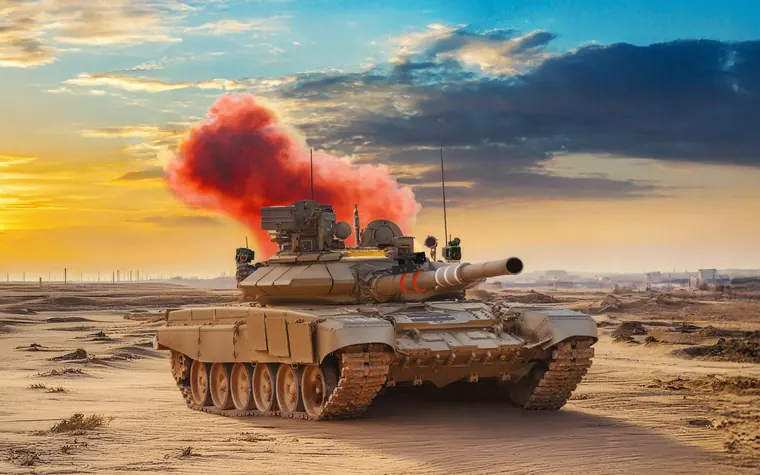 A main battle tank on a desert range at sunset during a training exercise.