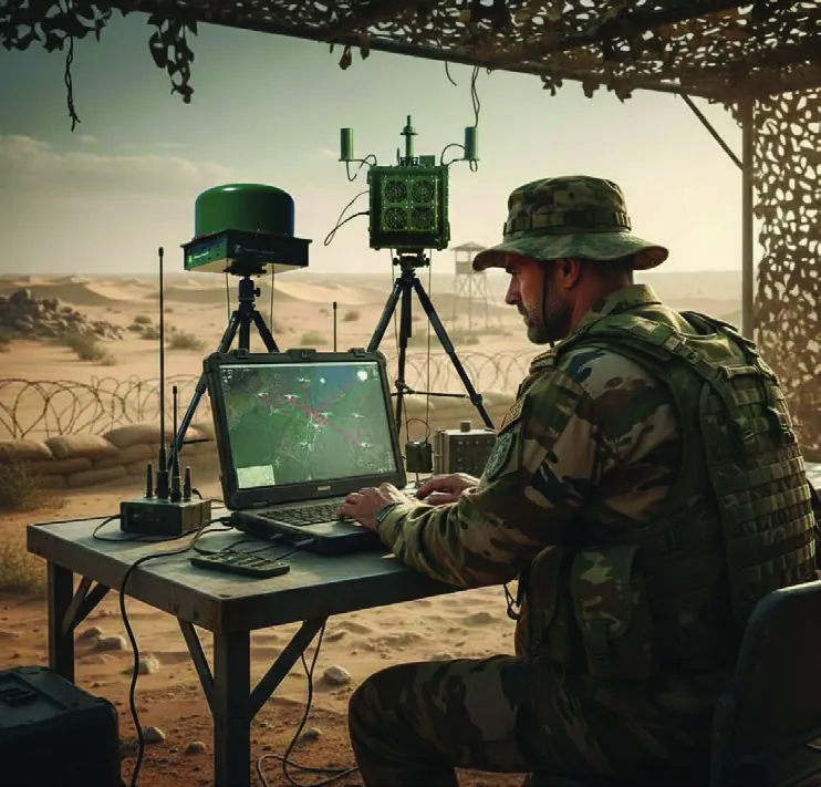 An operator at a field console under camouflage netting, working the Data Fusion and Command Centre with two sensor units on tripods behind.