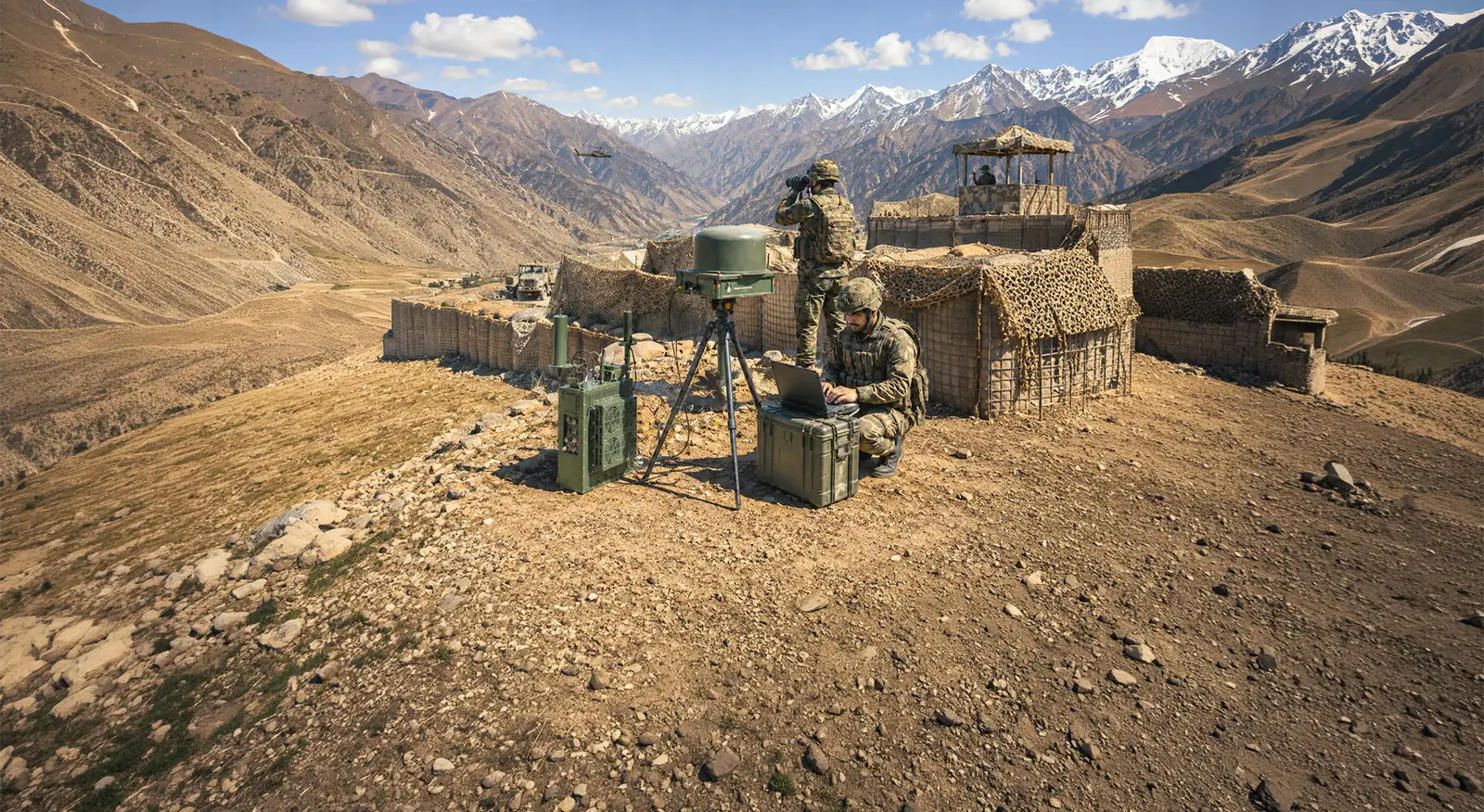 Zen Man Portable Anti-Drone System at a mountain outpost: the RF-Based Drone Detector on a tripod with the jammer and a ruggedised transit case beside it, an operator at a laptop and a second soldier observing, snow-capped ranges beyond.