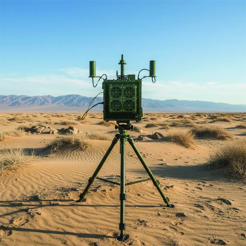 Zen Drone RF Jammer on a tripod in desert terrain, showing the four-aperture emitter face and twin antenna masts
